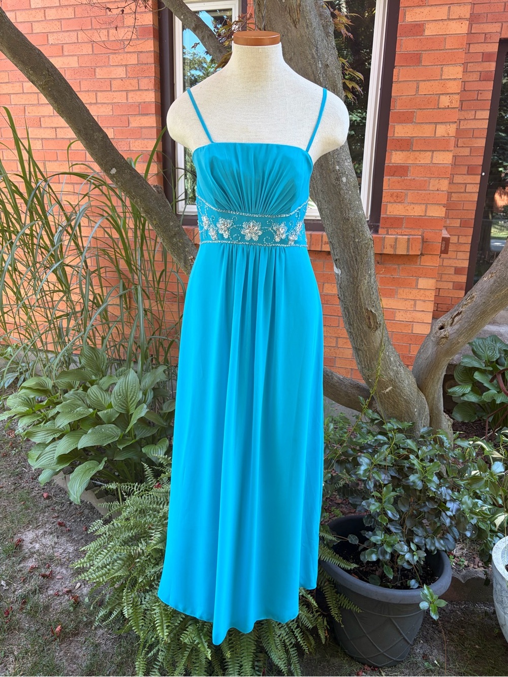 Y2K Sky-Blue Beaded Empire Waist Evening Gown